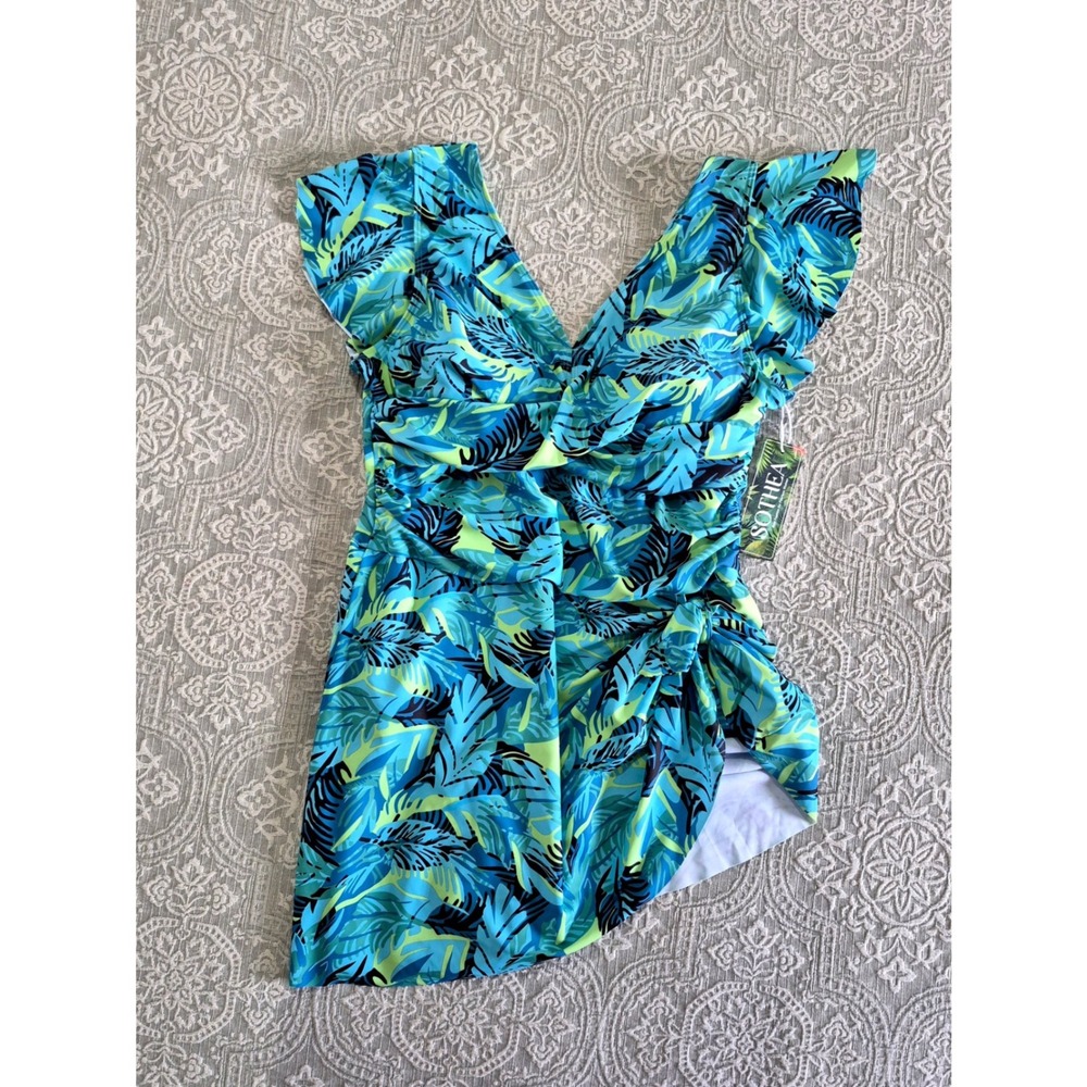 Sothea Women Blue‎ Green Tropical Palm Print V-Neck Ruffle Swim Dress 16W
